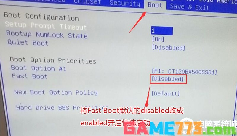 将Fast Boot默认的disabled改成enabled，开启快速启动,
