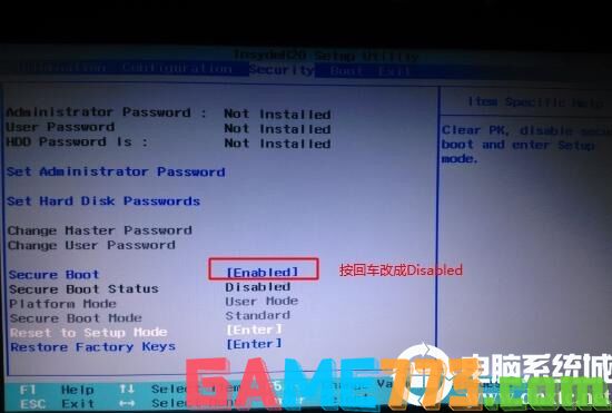 联想笔记本Secure Boot回车设置成Disabled关闭安全启动